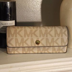 Michael Kors Envelope Style Wallet White and Tan Monogram Saffiano Leather